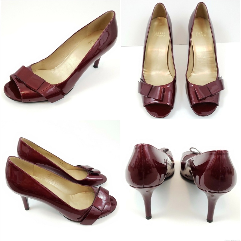 👠 Stuart Weitzman, Burgundy Bow Open-Toe Heels